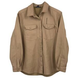 Bardot Frida Faux Leather Shirt S Snap Button Collared Long Sleeve Pockets Brown